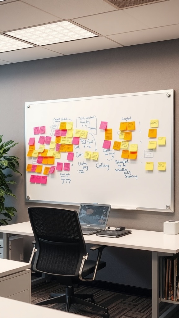 An office with a built-in whiteboard filled with sticky notes, showcasing a workspace for creative brainstorming.