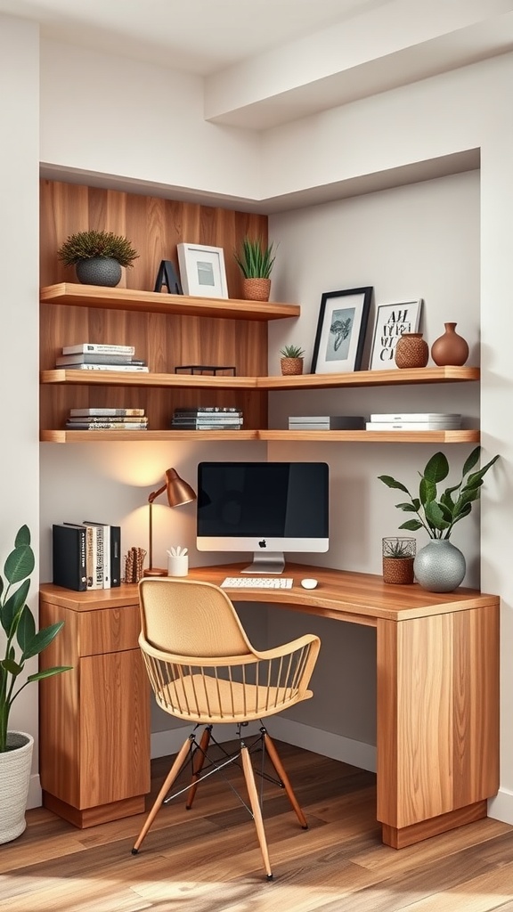 A cozy corner desk with wooden shelves, a computer, and plants.