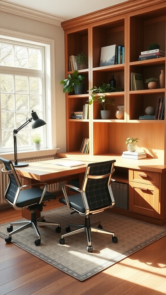 A cozy home office with built-in shelves, butcher block countertop, and two office chairs.