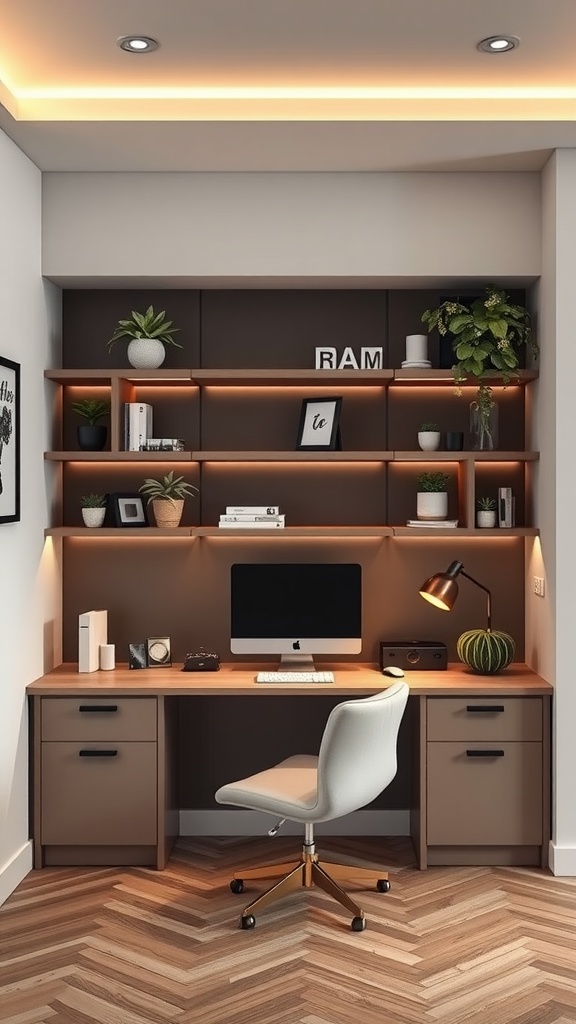 A stylish built-in desk with wooden tones and shelving, featuring a computer and plants.