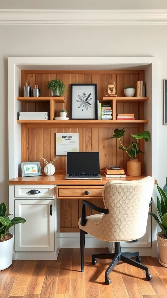 A cozy built-in desk with shelves, laptop, and chair, replacing a bench.