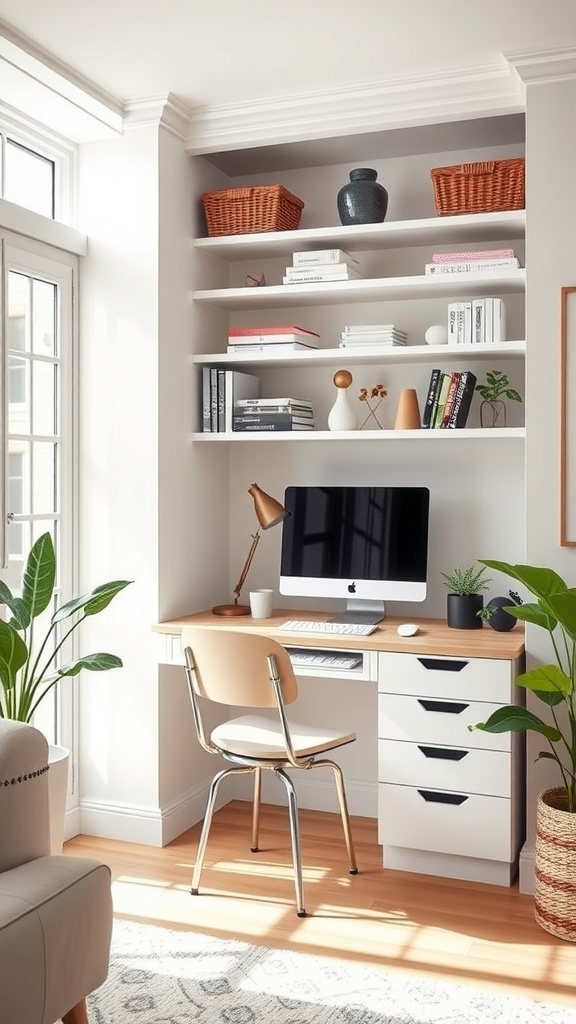 A cozy built-in office space featuring a wooden desk, shelving, and plants.