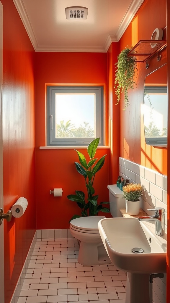 A small bathroom painted in burnt orange, featuring a window that lets in natural light, plants, and modern fixtures.