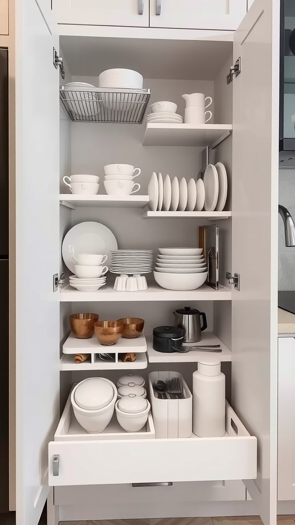 Organized kitchen cabinet with pull-out shelves and various dishes.