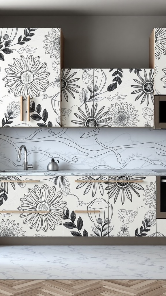 Kitchen cabinets wrapped in floral design