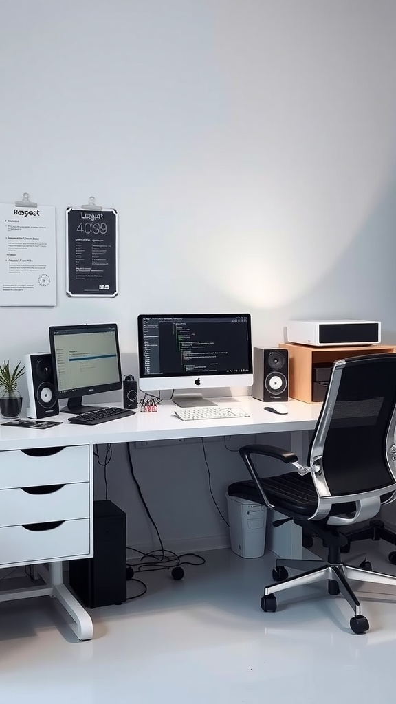 An organized office space with a clean desk setup featuring proper cable management.