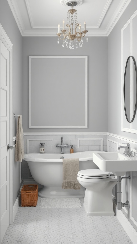 A bathroom featuring calming gray walls, white accents, a chandelier, and modern fixtures.