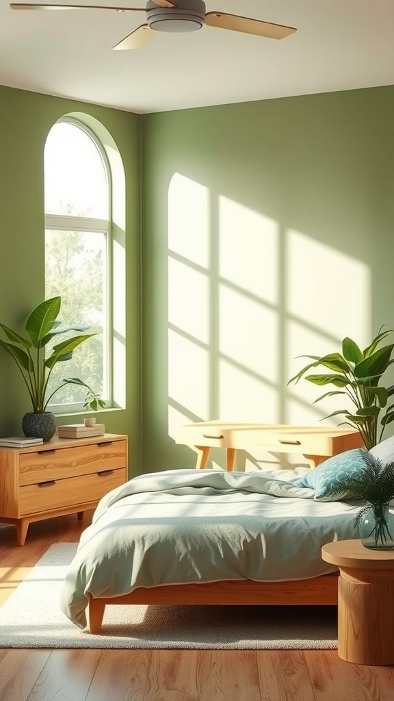 A serene bedroom featuring calming green walls and natural wood furniture, with plants and sunlight creating a peaceful atmosphere.