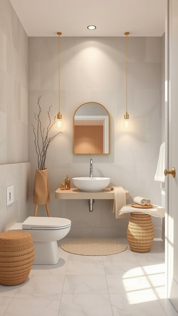 A modern bathroom featuring calming neutral colors with warm lighting and natural elements.