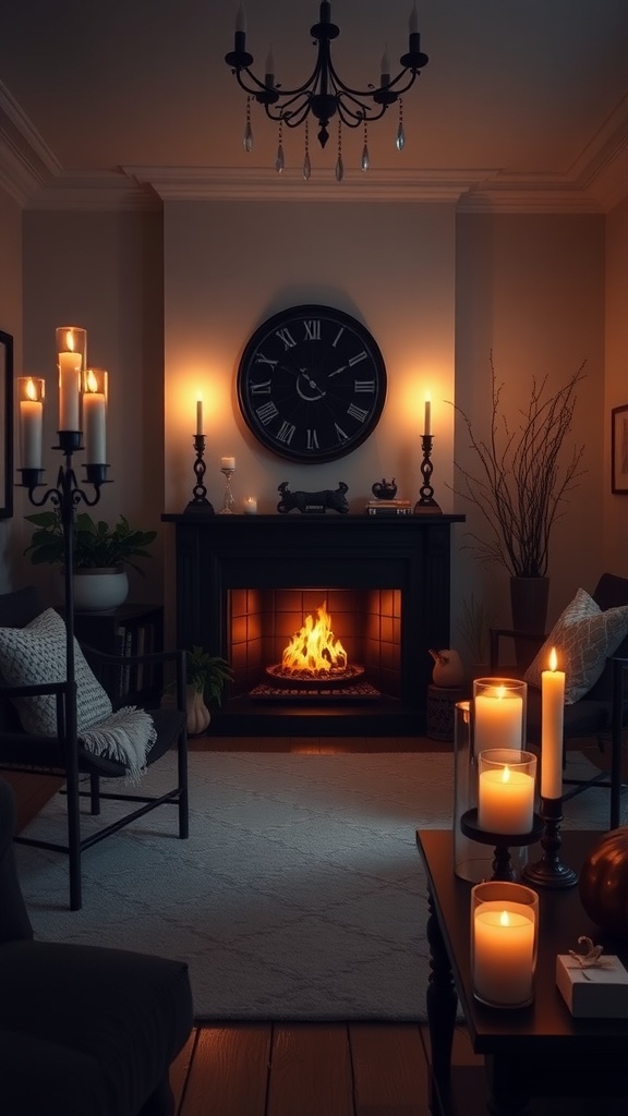 A cozy living room with candles and a fireplace, showcasing a blend of gothic and modern minimalist styles.