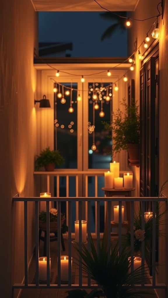 A small balcony with candles and string lights creating a cozy ambiance