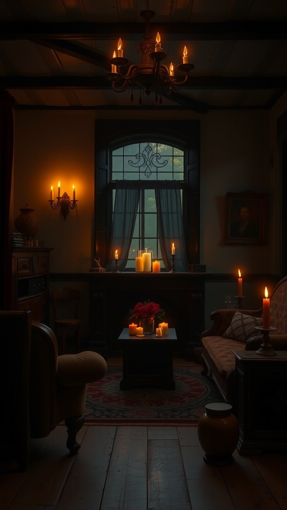 A cozy living room with candlelit ambiance, antique furniture, and soft shadows.