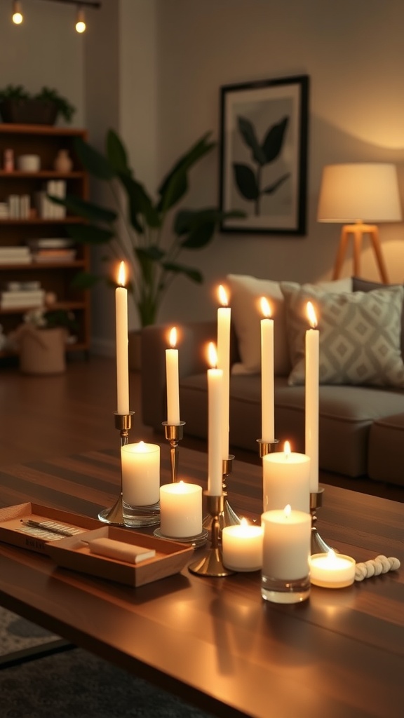 A cozy living room coffee table with various candles creating a warm ambiance