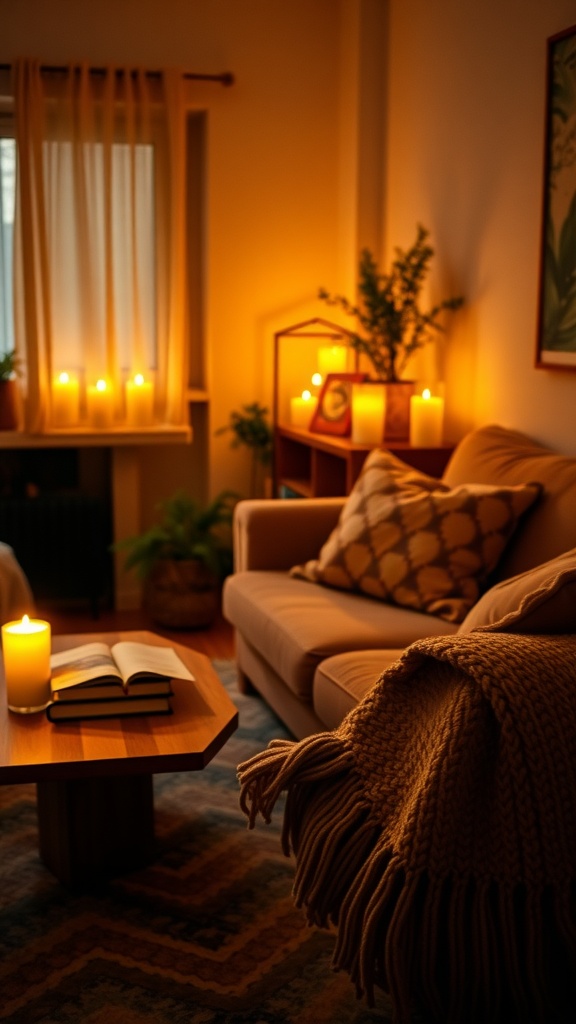 A cozy living room with candles and a soft blanket