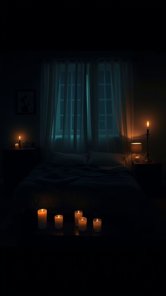 Dark and moody bedroom with candles creating a tranquil atmosphere