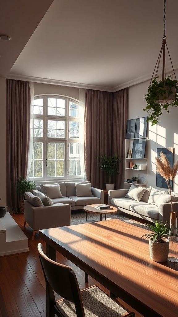 A small living room featuring large windows, a dining table, and plants, showcasing natural light.