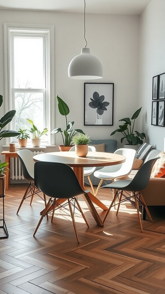 Cozy small living room with a round dining table surrounded by chairs and decorative plants.
