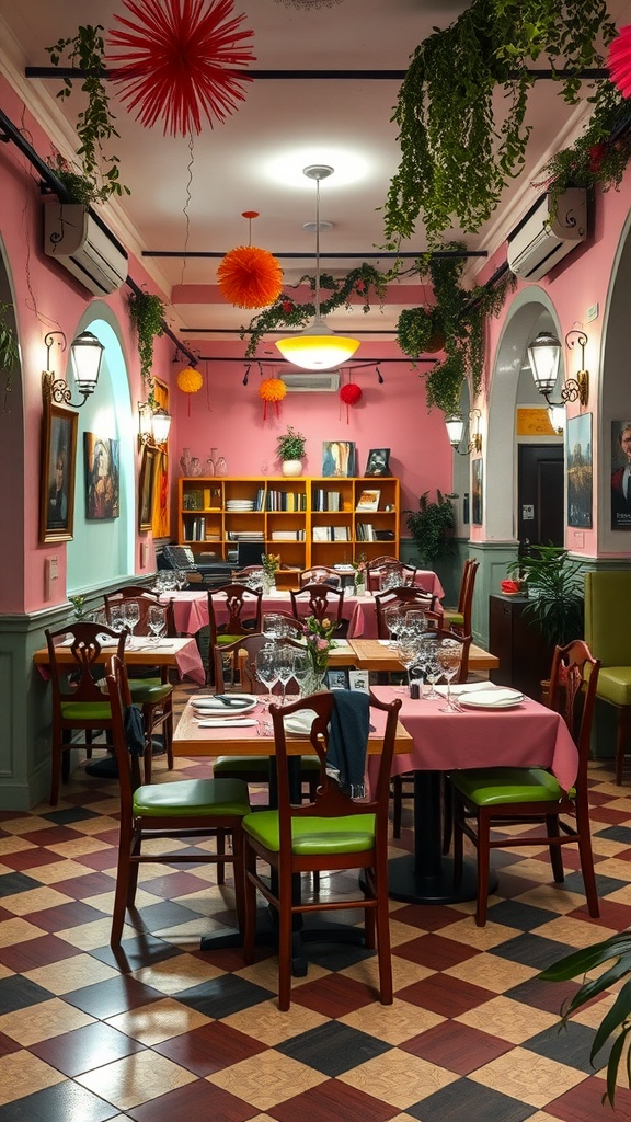 A colorful Sicilian dining room featuring pink walls, green chairs, and vibrant decorations