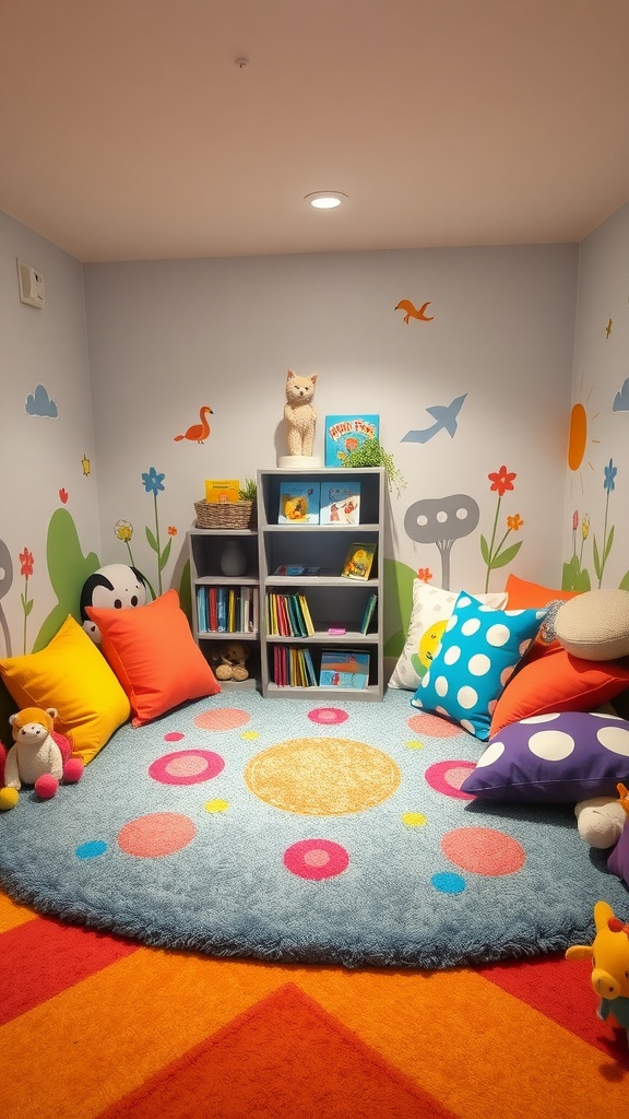 A cozy carpeted reading area for kids with colorful cushions, a bookshelf filled with books, and playful wall decorations.