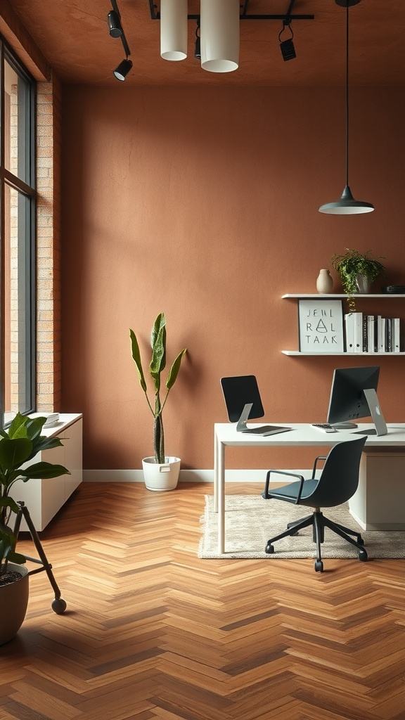 A modern home office featuring Cavern Clay walls, a white desk, and natural wood flooring.