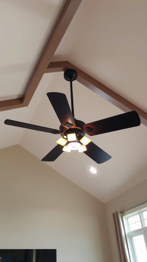 A modern ceiling fan with integrated lights in a room with vaulted ceilings