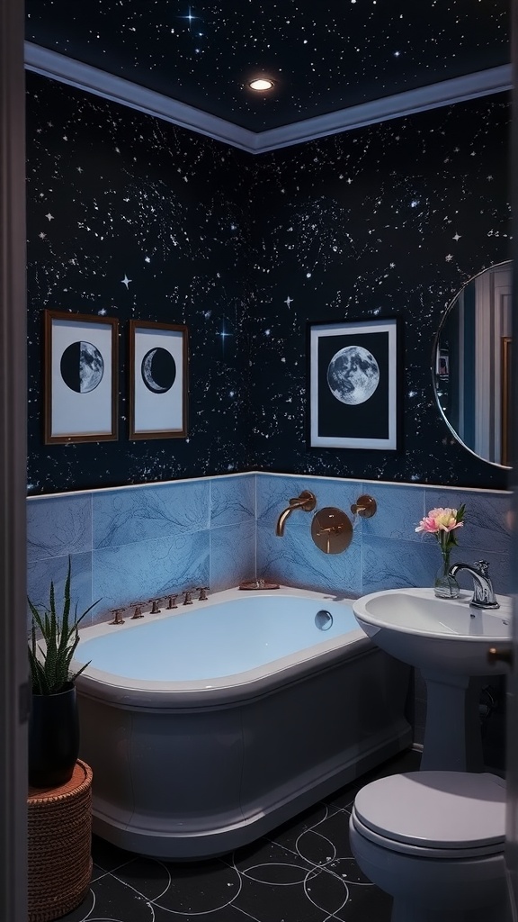 A celestial-themed bathroom with starry wallpaper, moon phase prints, elegant fixtures, and a relaxing ambiance.
