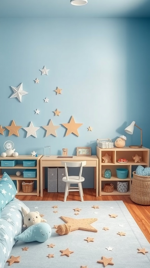 A cozy room painted in Celestial Blue, featuring star decorations and light wood furniture.