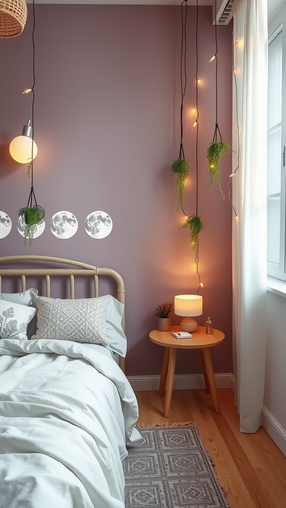 Boho bedroom with a celestial moon phase accent wall, decorated with hanging plants and soft lighting
