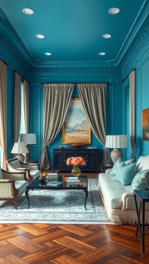 A beautifully decorated living room featuring cerulean blue-gray walls, elegant furniture, and warm lighting.