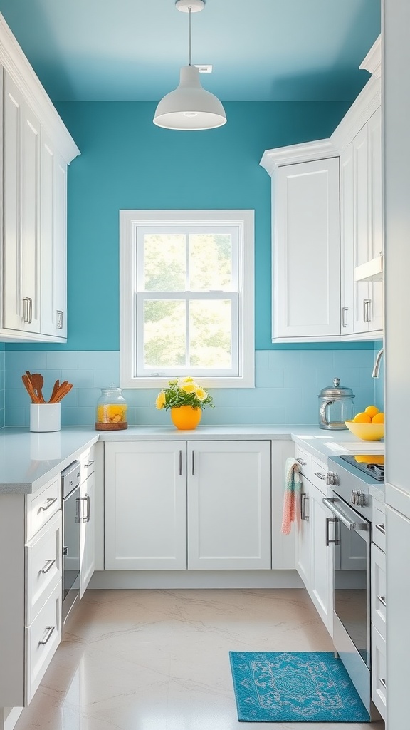 A bright kitchen with cerulean blue walls, white cabinetry, and pops of yellow flowers and fruit.
