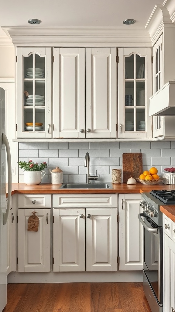 A kitchen with white chalk-painted cabinets featuring glass doors, wooden countertops, and a cozy vintage feel.