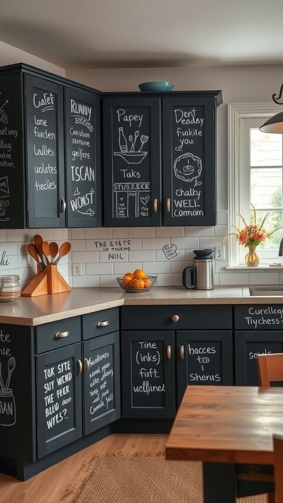 Kitchen cabinets painted with chalkboard paint, featuring handwritten notes and doodles