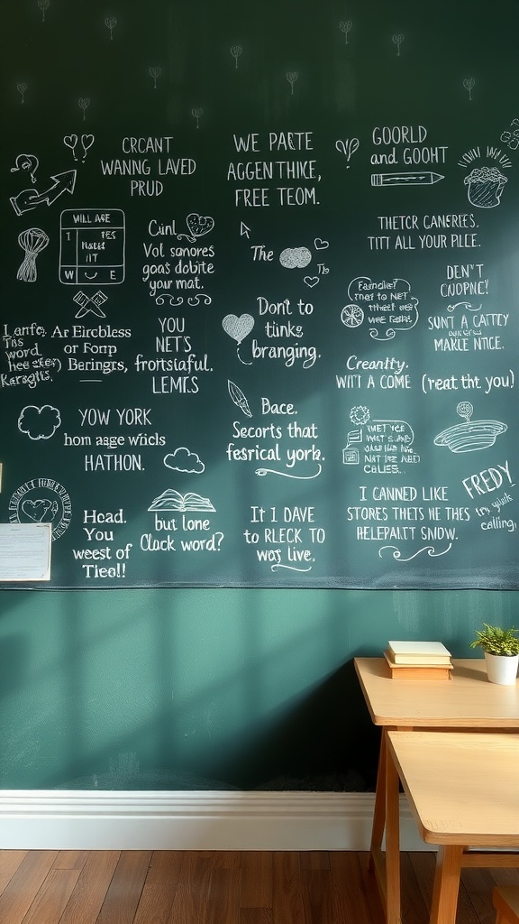 Chalkboard wall with various doodles and phrases in a cozy bedroom setting