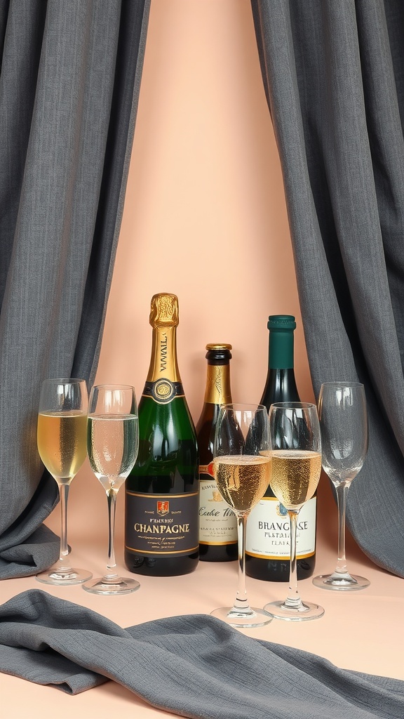 An arrangement of champagne bottles and glasses on a charcoal gray backdrop