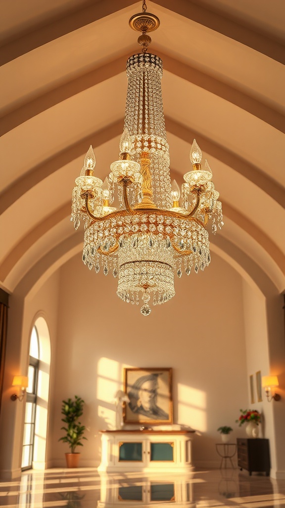 Elegant chandelier hanging from a vaulted ceiling in a well-lit room.