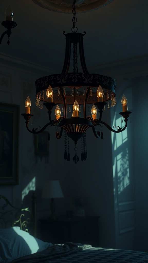 Dark chandelier with warm lights casting shadows in a dimly lit bedroom