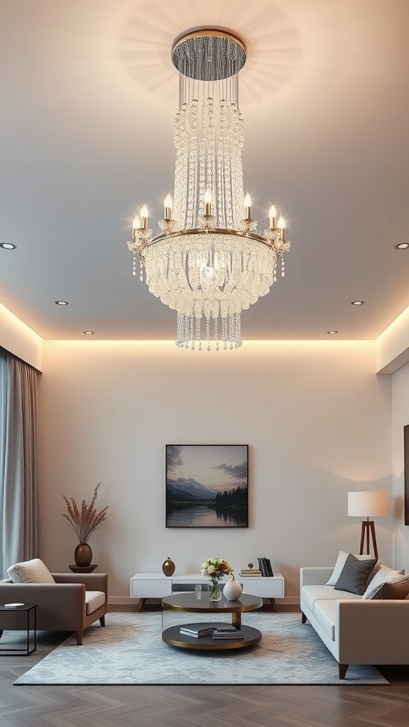 A modern living room featuring a beautiful chandelier with cascading crystals.