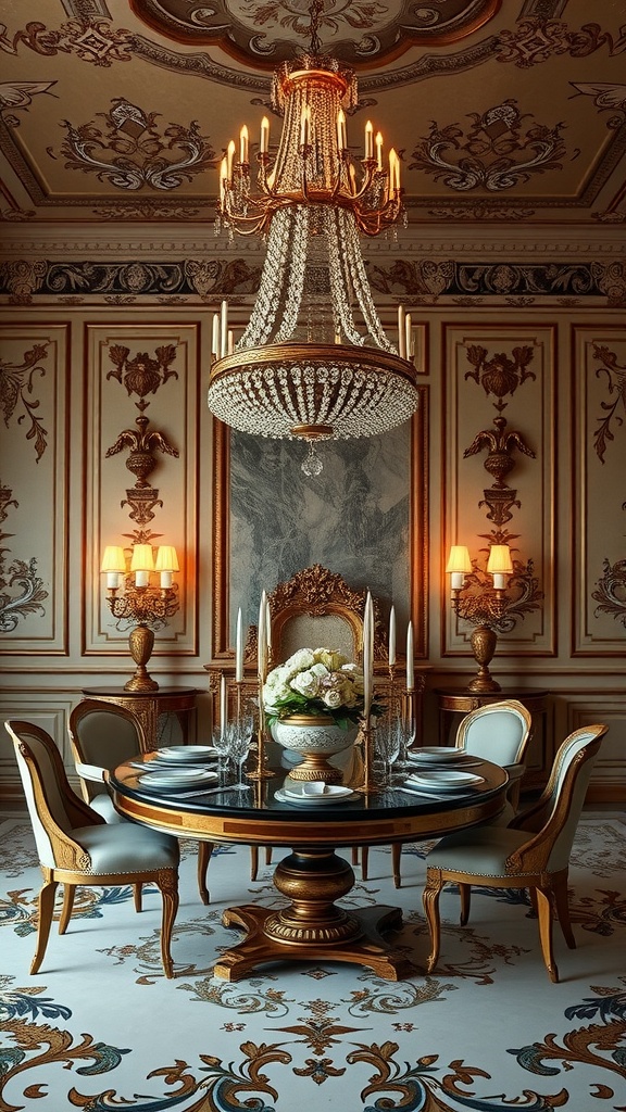 A luxurious Italian dining room featuring an ornate chandelier, elegant table setting, and rich decor.