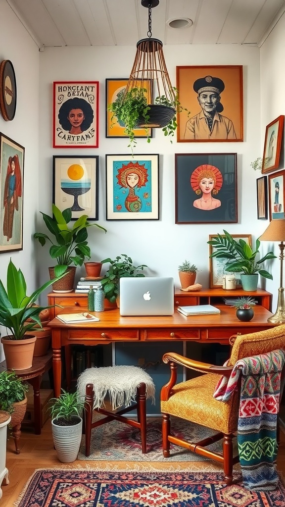 A cozy home office featuring vintage decor, plants, and artwork, embodying a boho chic style.