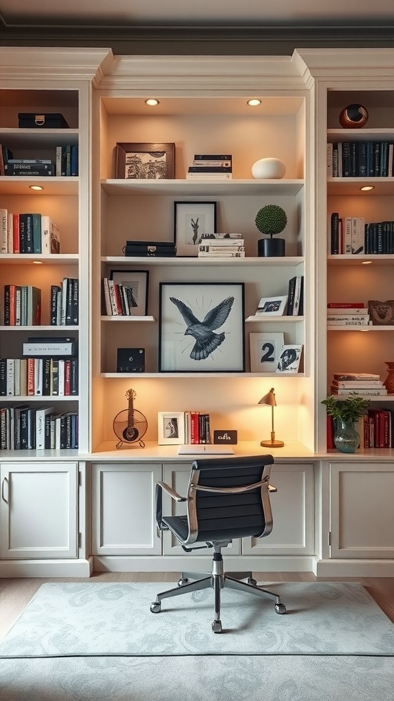 Home office with built-in shelves filled with books and decor items, featuring a desk and chair.