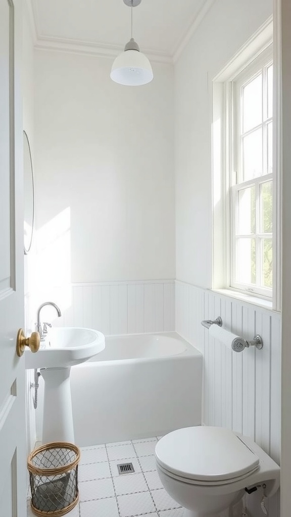 A small bright bathroom featuring a white tub, sink, and toilet, all set against white walls that create a spacious feel.