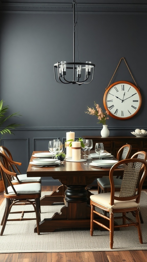 A stylish dining area featuring charcoal gray walls, a wooden table, and elegant decor.