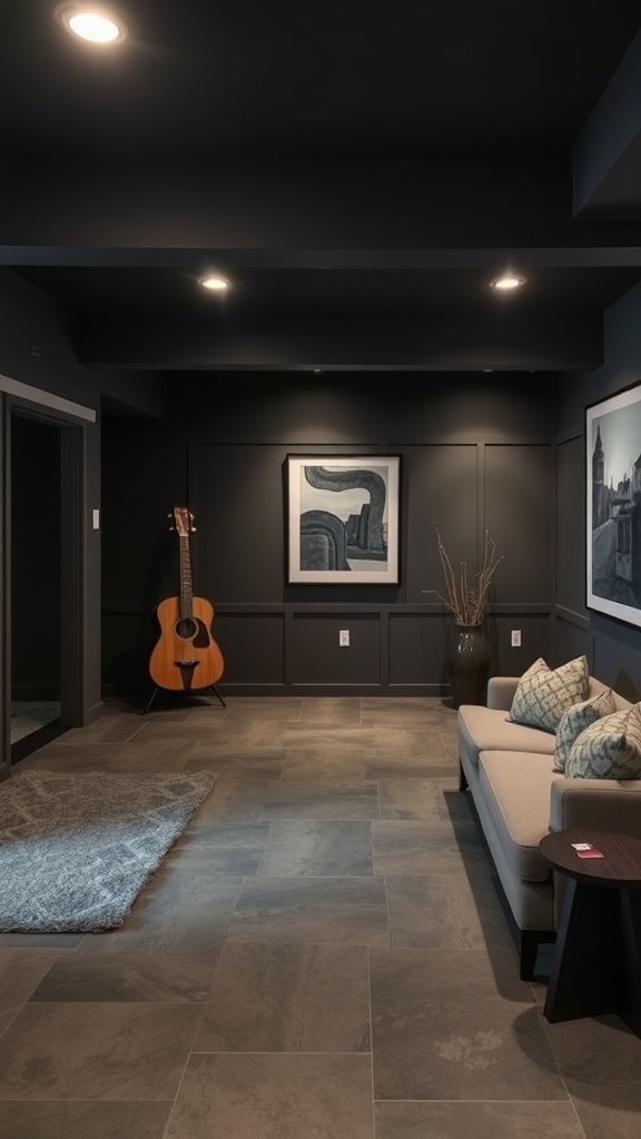 A stylish basement featuring charcoal gray walls, a light gray rug, and modern furniture, with a guitar and wall art enhancing the decor.