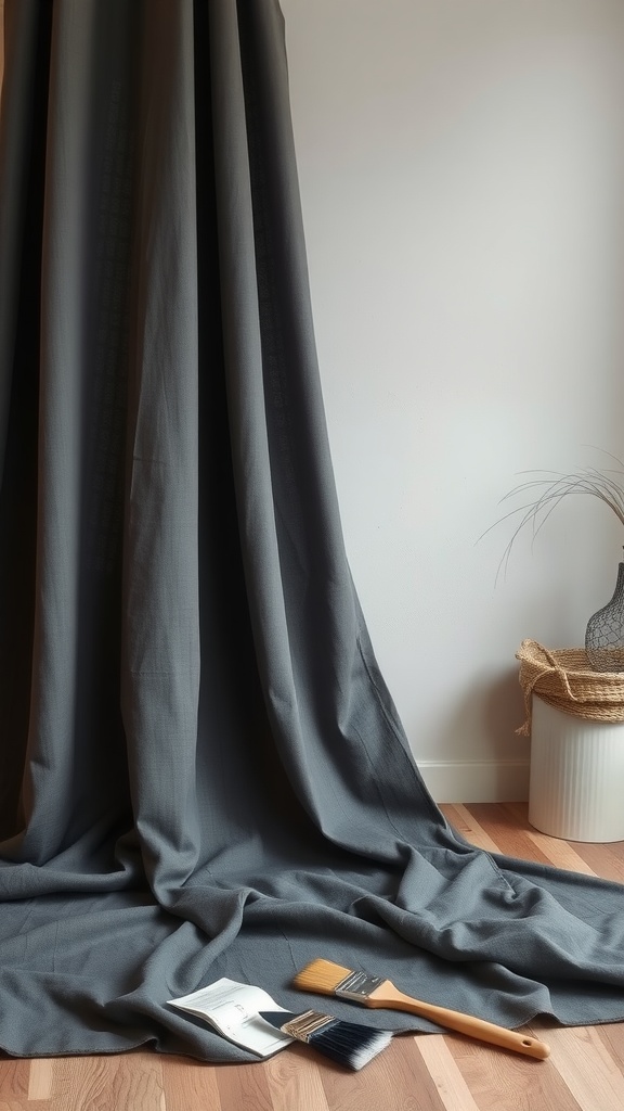 A draped charcoal gray linen fabric on the floor and wall, accompanied by paint brushes and a color sample.