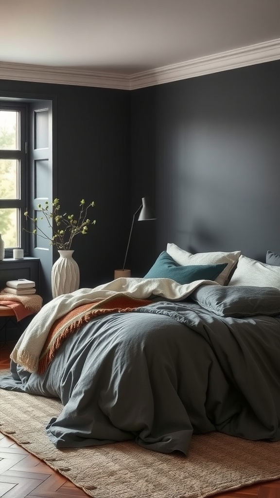 A cozy bedroom with charcoal gray walls, soft textiles, and warm lighting.