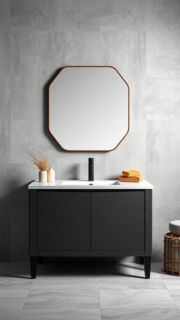 A modern bathroom vanity in charcoal with a textured finish, featuring a white countertop and minimalist accessories.