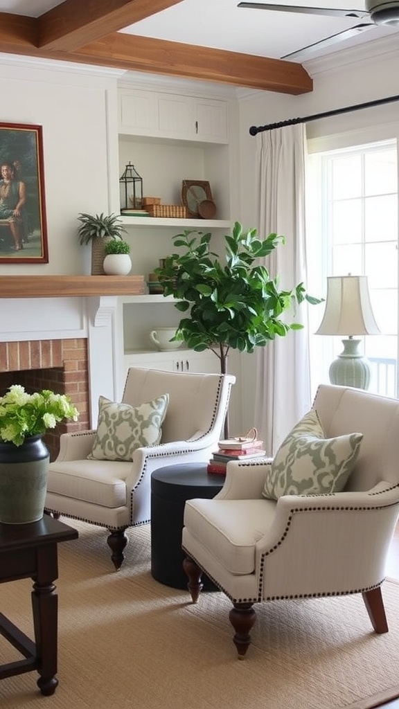 Two white accent chairs with patterned pillows in a cozy living room setting