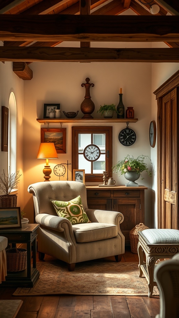 Cozy alcove with an armchair, wooden decor, and plants