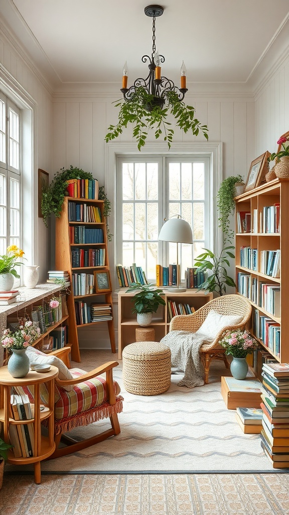 Interior of a charming cottage-style reading room with bookshelves, armchair, and plants.