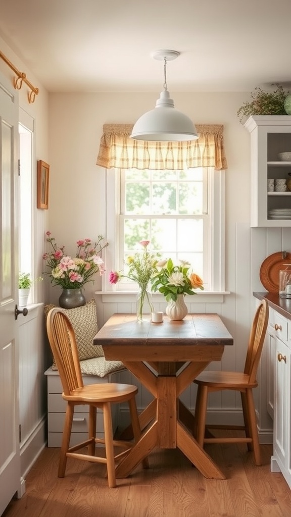 A cozy kitchen nook with a wooden table, two chairs, and fresh flowers, surrounded by natural light.